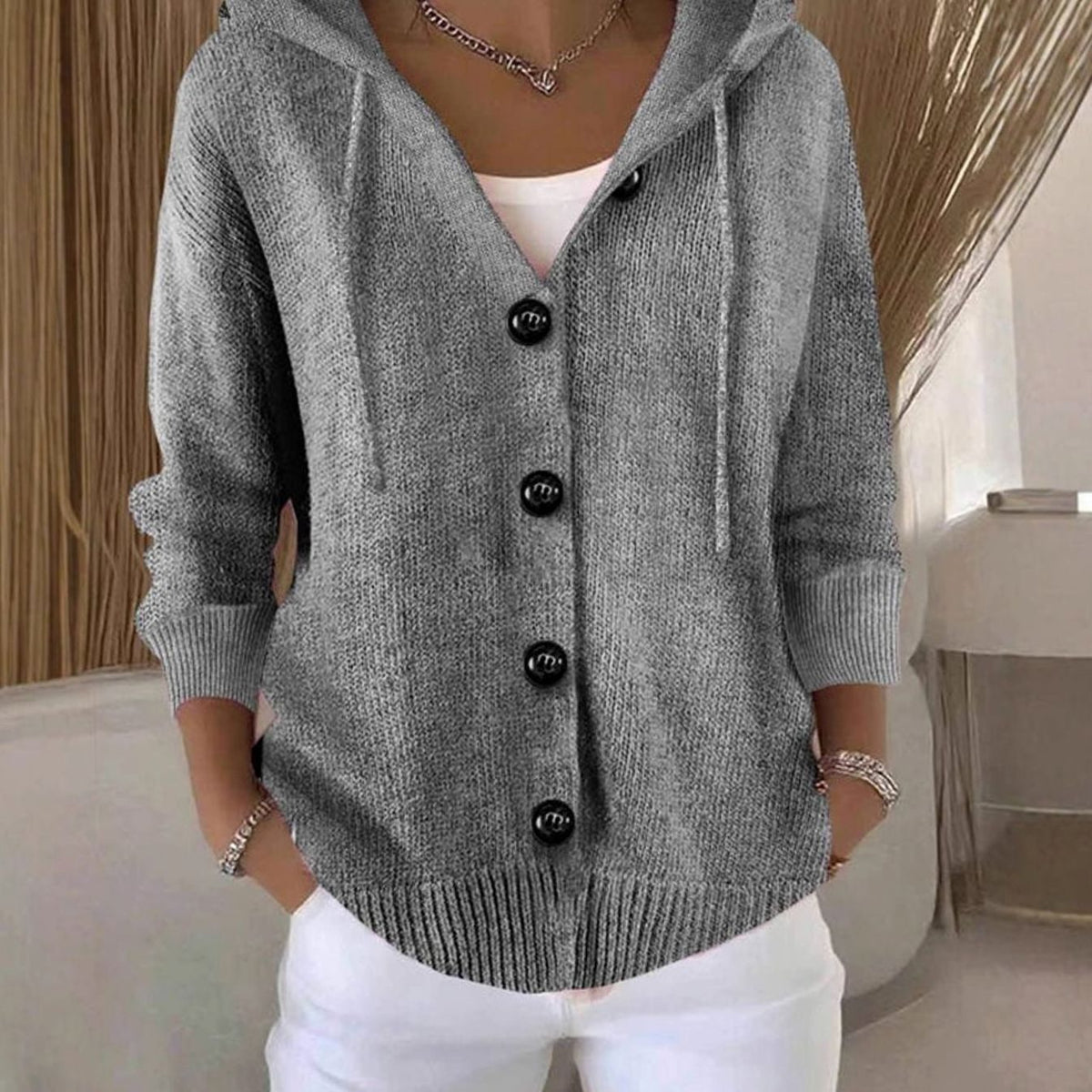 Women's Oversized Button-Front Hooded Knit Cardigan Sweater