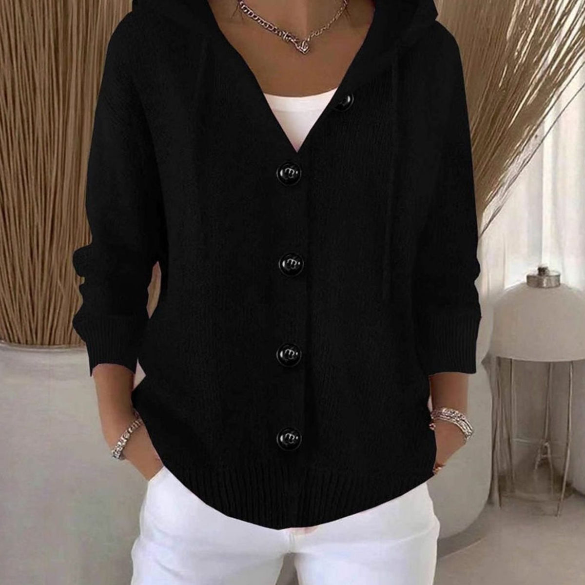 Women's Oversized Button-Front Hooded Knit Cardigan Sweater