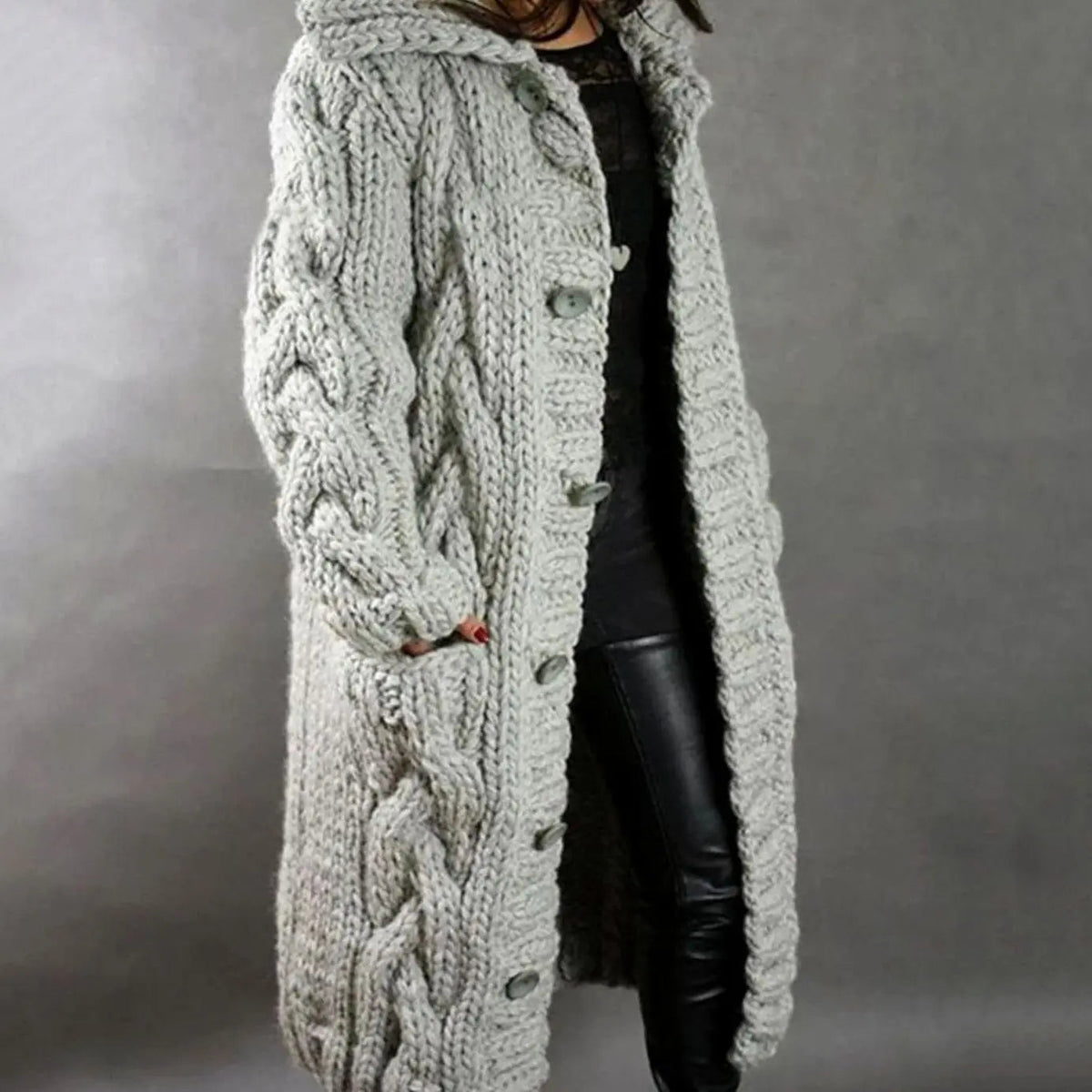 Women's Oversized Cable-Knit Hooded Button-Down Cardigan