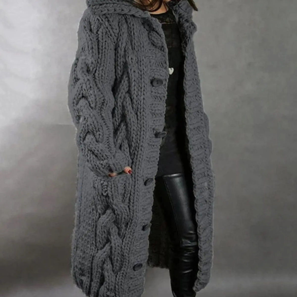 Women's Oversized Cable-Knit Hooded Button-Down Cardigan