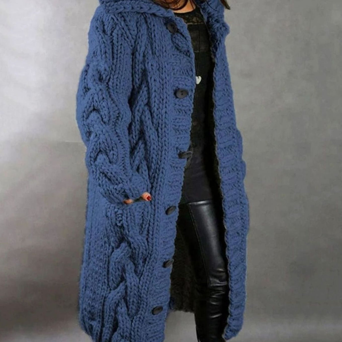 Women's Oversized Cable-Knit Hooded Button-Up Long Cardigan Coat