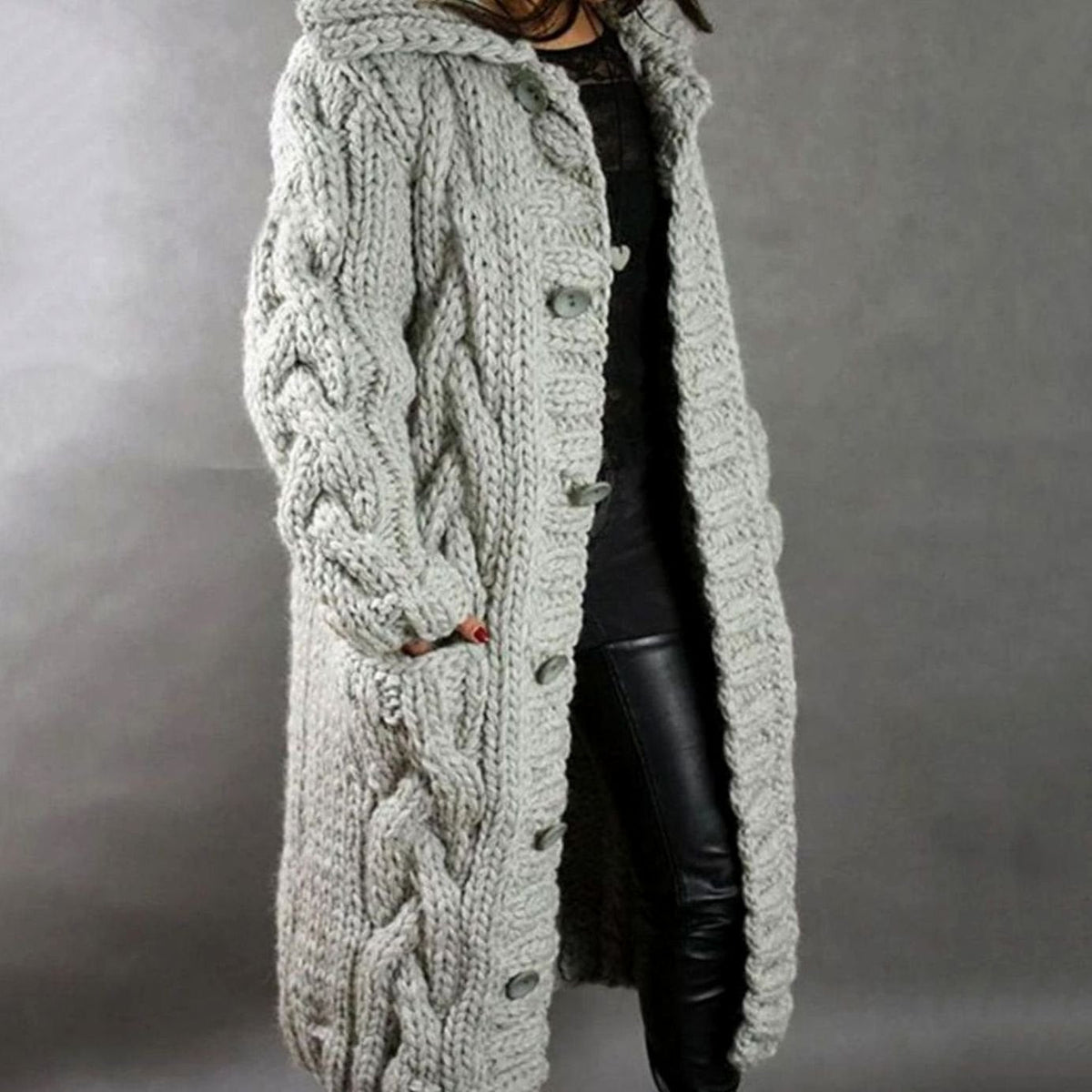 Women's Oversized Cable-Knit Hooded Button-Up Long Cardigan Coat