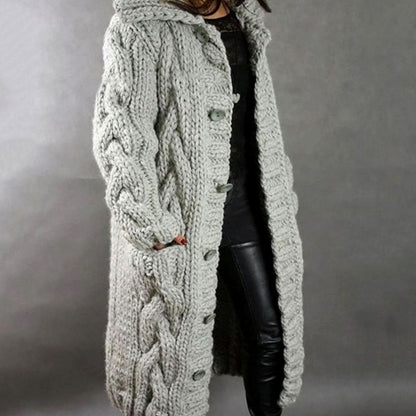 Women's Oversized Cable-Knit Hooded Button-Up Long Cardigan Coat