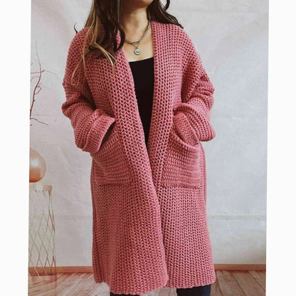 Women's Oversized Chunky-Knit Long Open-Front Cardigan with Pockets