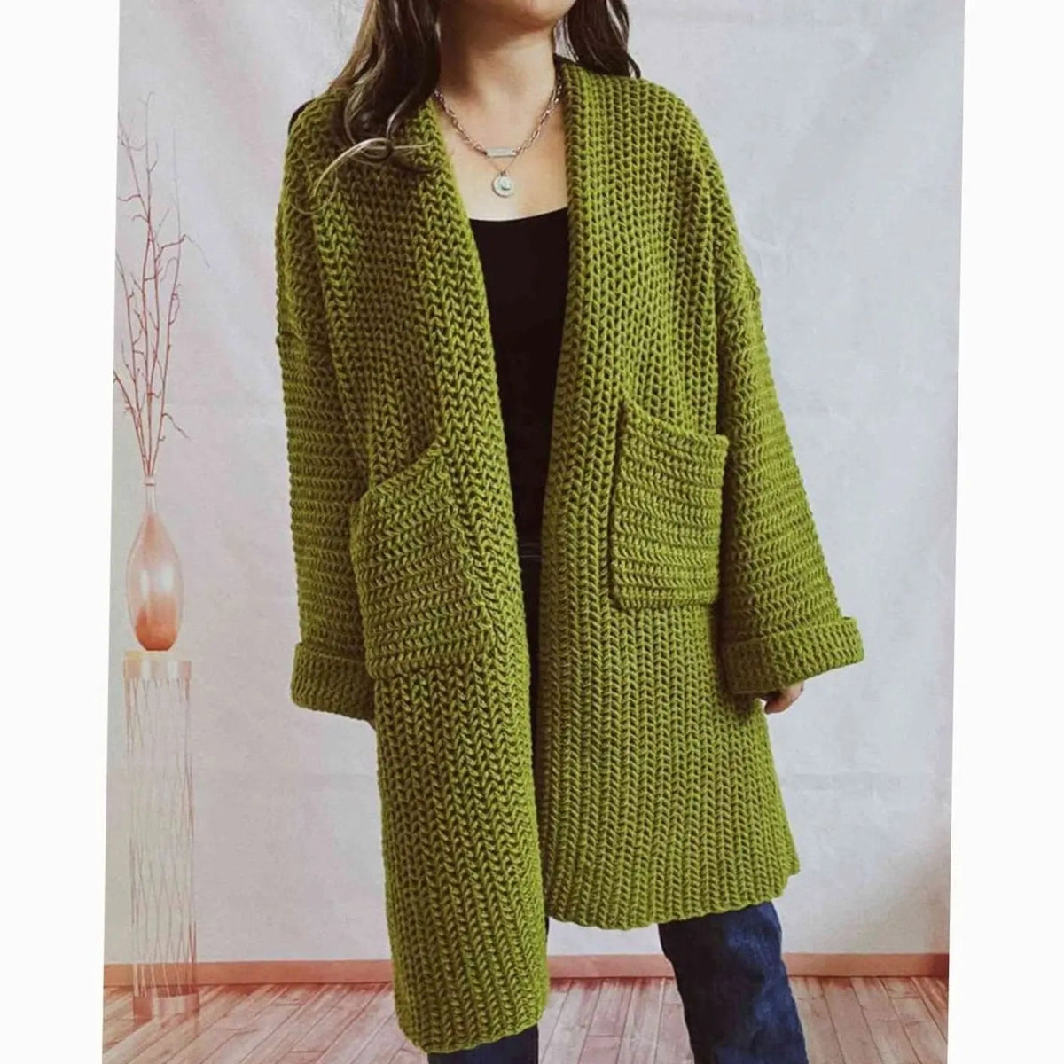 Women's Oversized Chunky-Knit Long Open-Front Cardigan with Pockets
