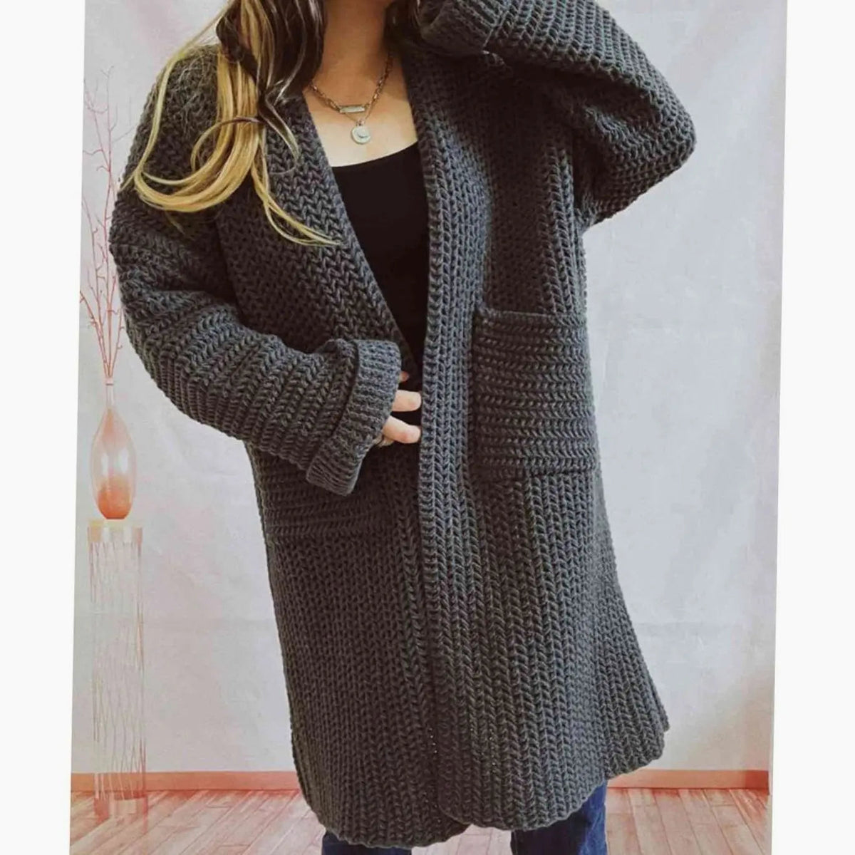 Women's Oversized Chunky-Knit Long Open-Front Cardigan with Pockets