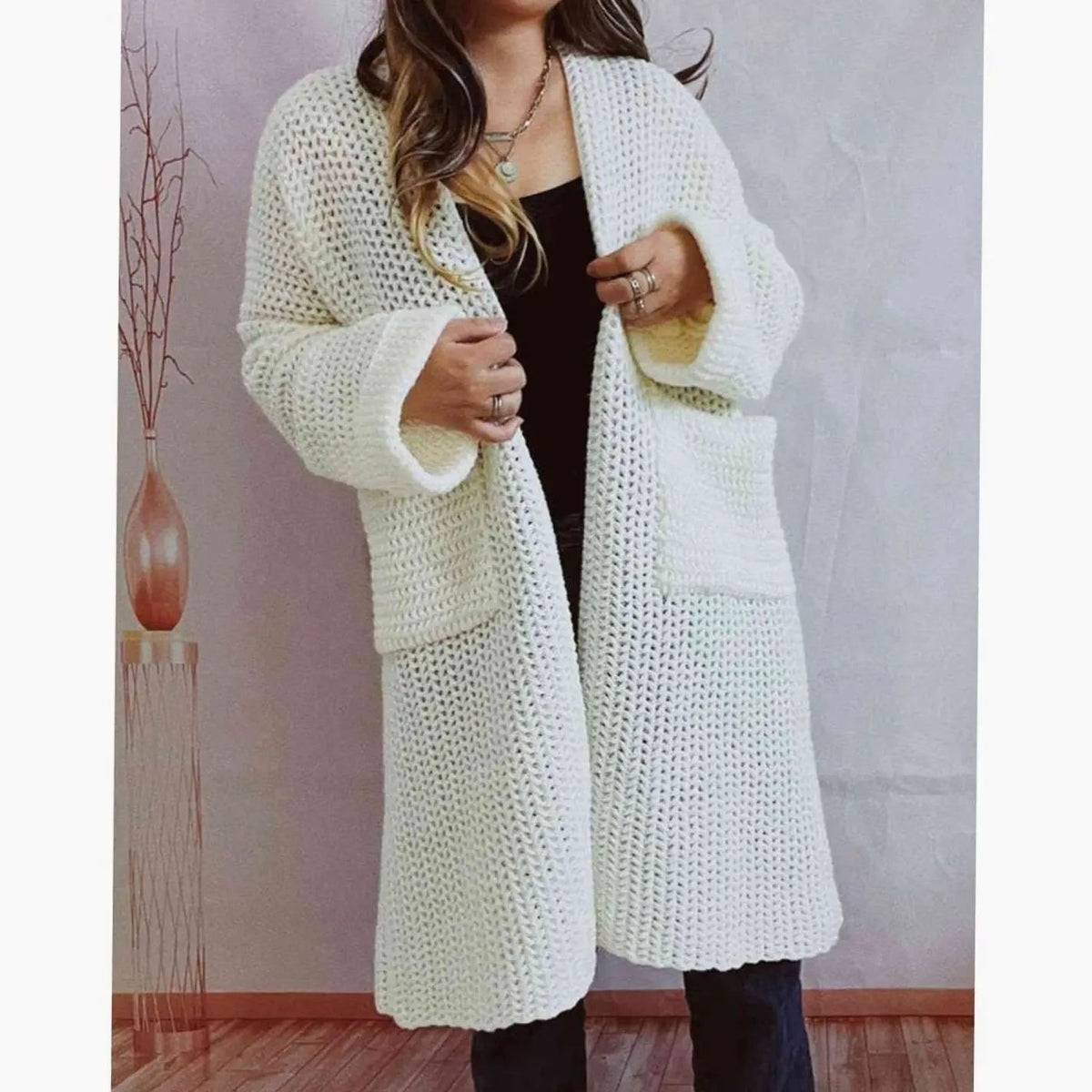 Women's Oversized Chunky-Knit Long Open-Front Cardigan with Pockets