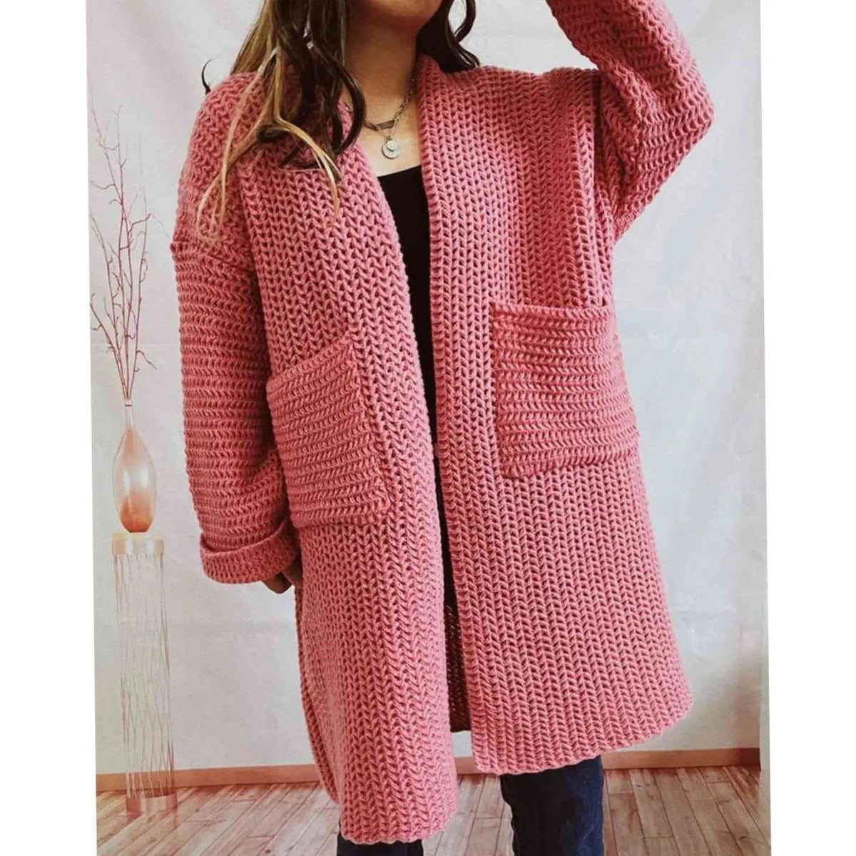 Women's Oversized Chunky-Knit Long Open-Front Cardigan with Pockets