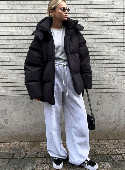 Women's Oversized Hooded Zip-Up Puffer Jacket