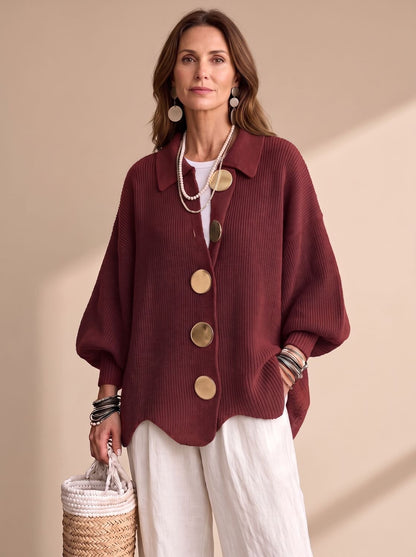 Women's Oversized Lantern-Sleeve Gold-Button Knit Cardigan