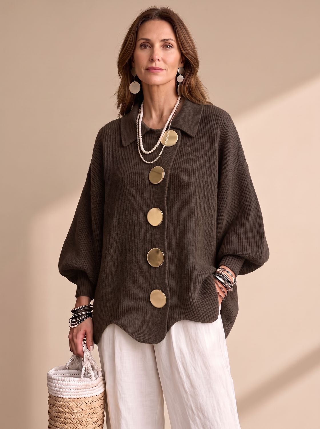 Women's Oversized Lantern-Sleeve Gold-Button Knit Cardigan