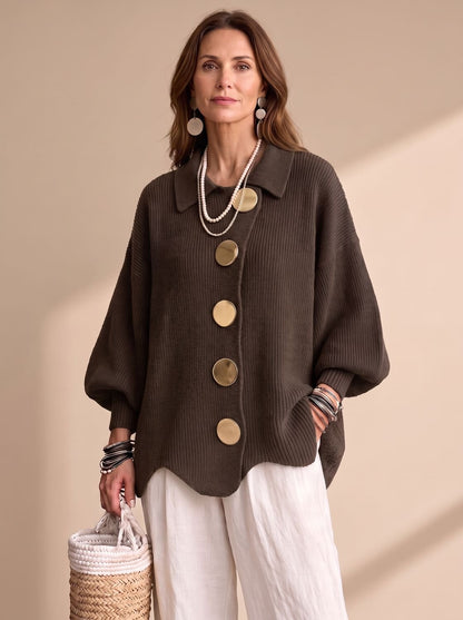 Women's Oversized Lantern-Sleeve Gold-Button Knit Cardigan