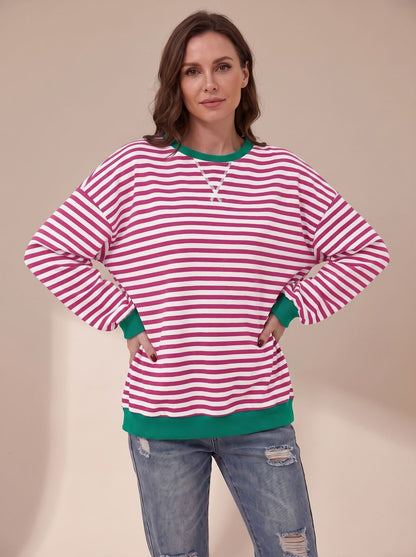 Women's Oversized Retro Striped Crewneck Sweatshirt