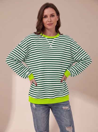 Women's Oversized Retro Striped Crewneck Sweatshirt