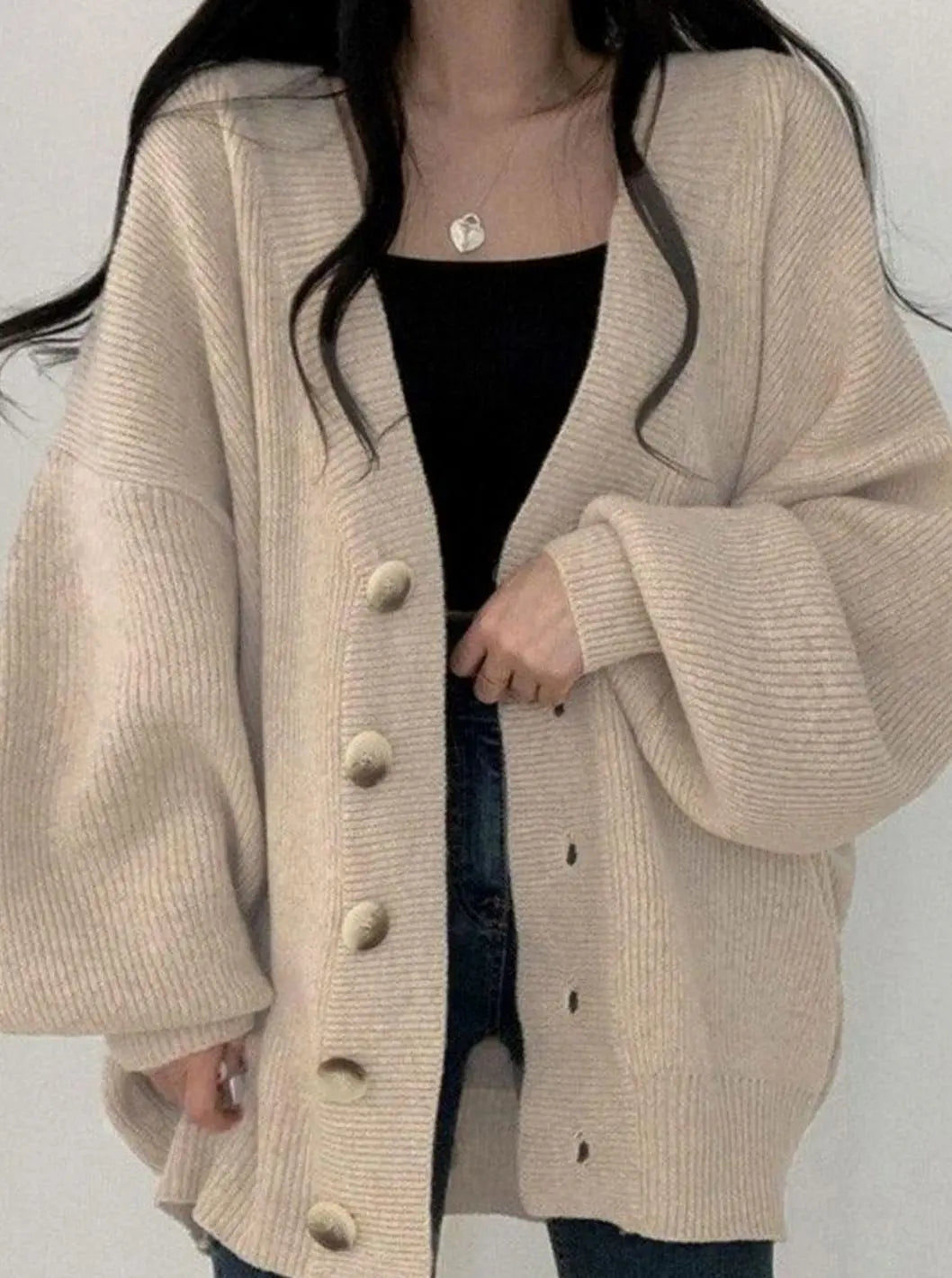 Women's Oversized Ribbed Knit Cardigan with Balloon Sleeves