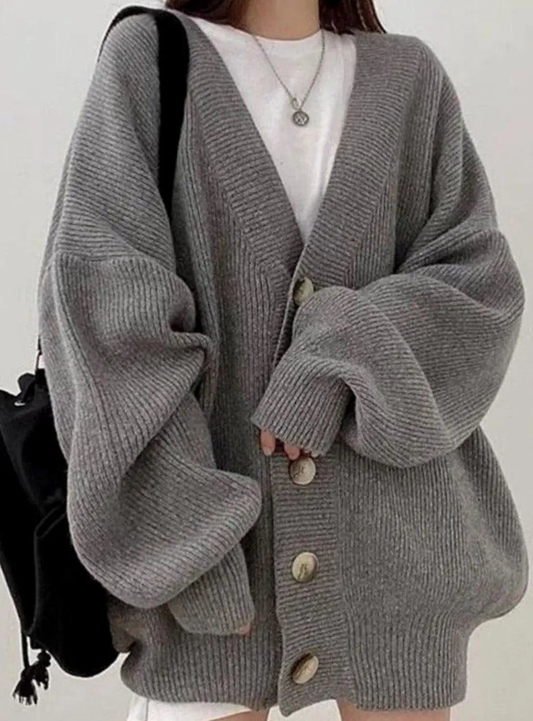 Women's Oversized Ribbed Knit Cardigan with Balloon Sleeves
