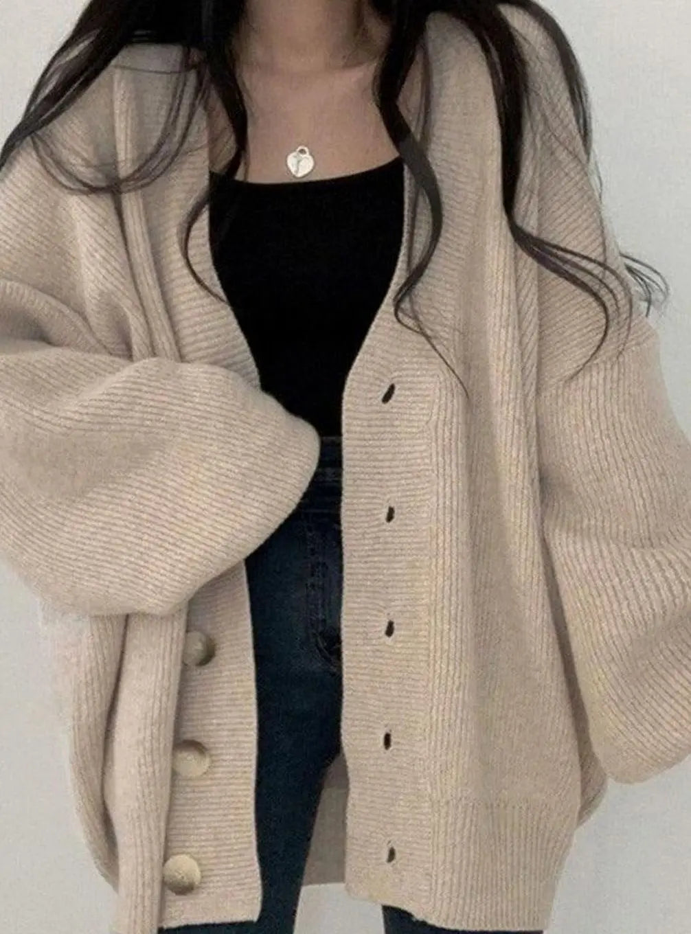 Women's Oversized Ribbed Knit Cardigan with Balloon Sleeves