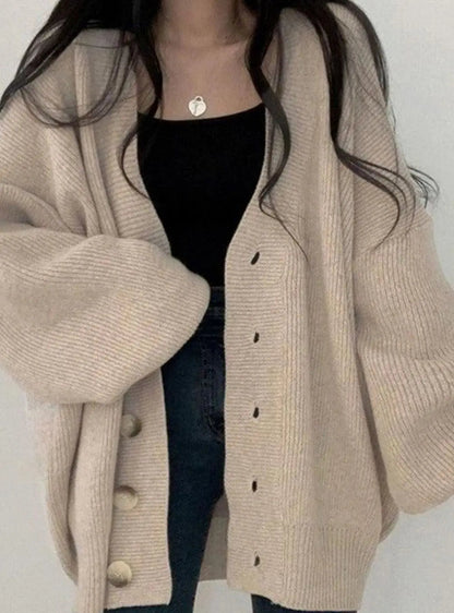 Women's Oversized Ribbed Knit Cardigan with Balloon Sleeves
