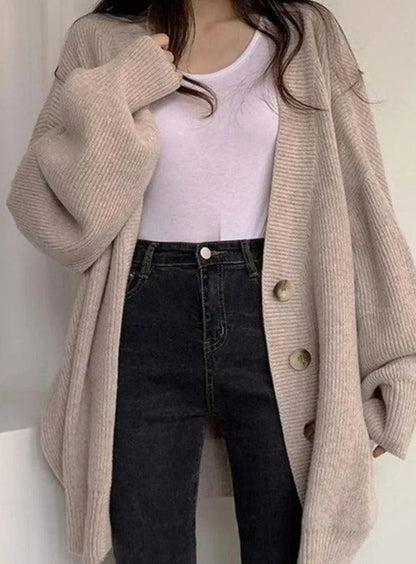 Women's Oversized Ribbed Knit Cardigan with Balloon Sleeves