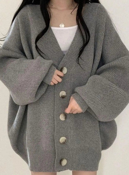 Women's Oversized Ribbed Knit Cardigan with Balloon Sleeves