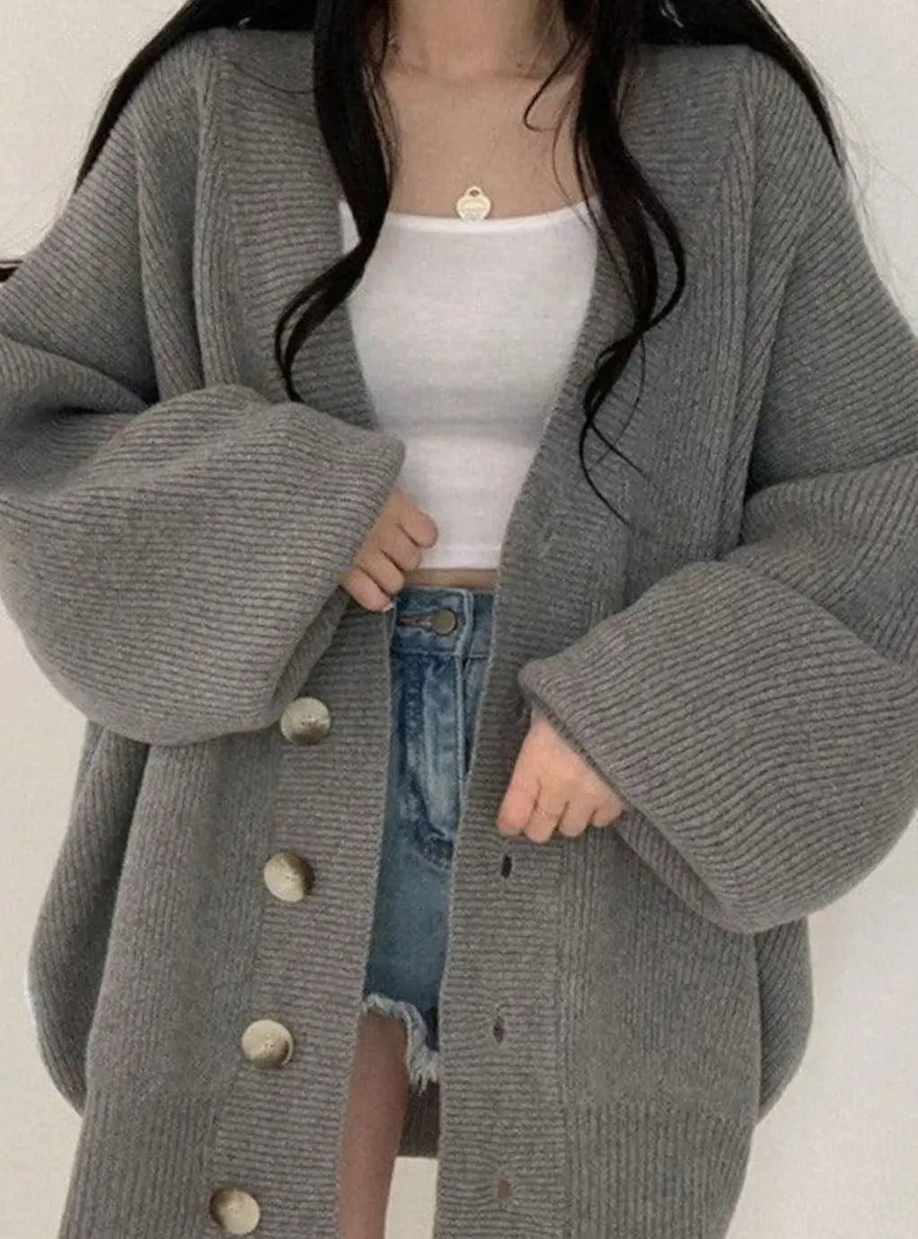 Women's Oversized Ribbed Knit Cardigan with Balloon Sleeves