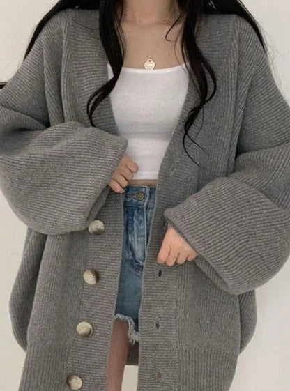 Women's Oversized Ribbed Knit Cardigan with Balloon Sleeves