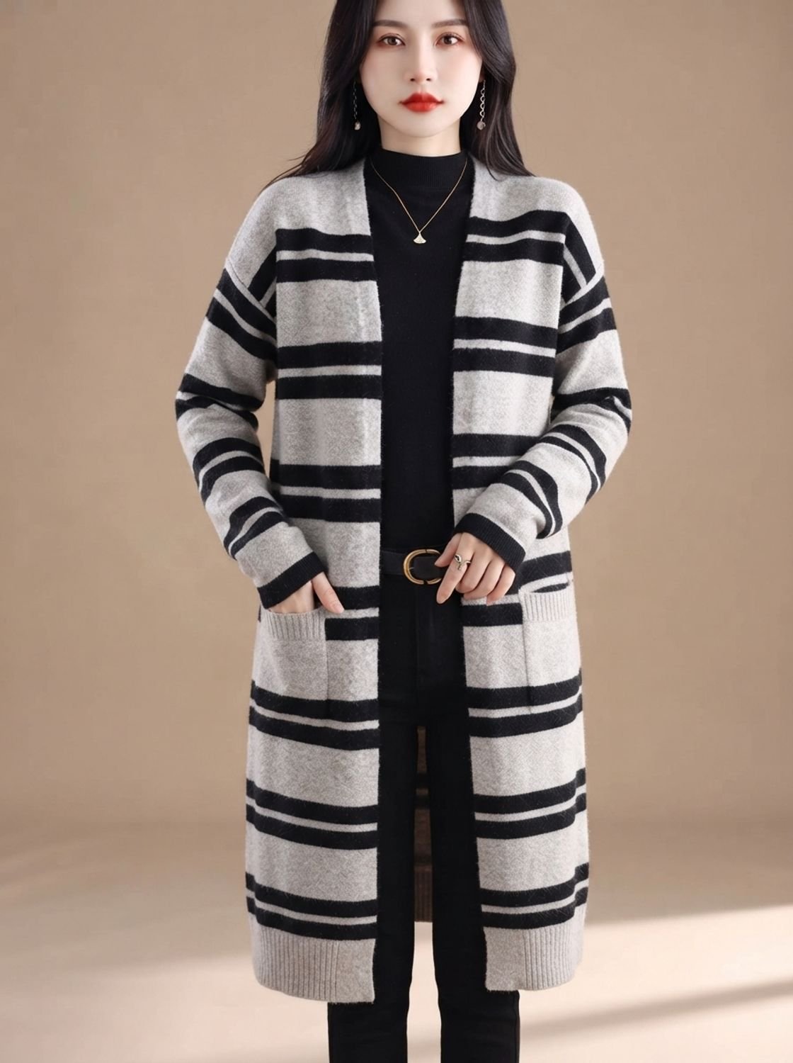 Women's Oversized Striped Long Open-Front Knit Cardigan