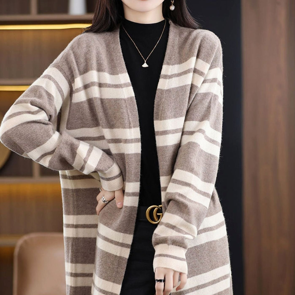 Women's Oversized Striped Long Open-Front Knit Cardigan