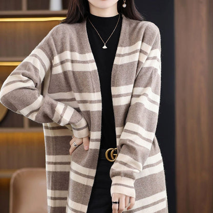 Women's Oversized Striped Long Open-Front Knit Cardigan