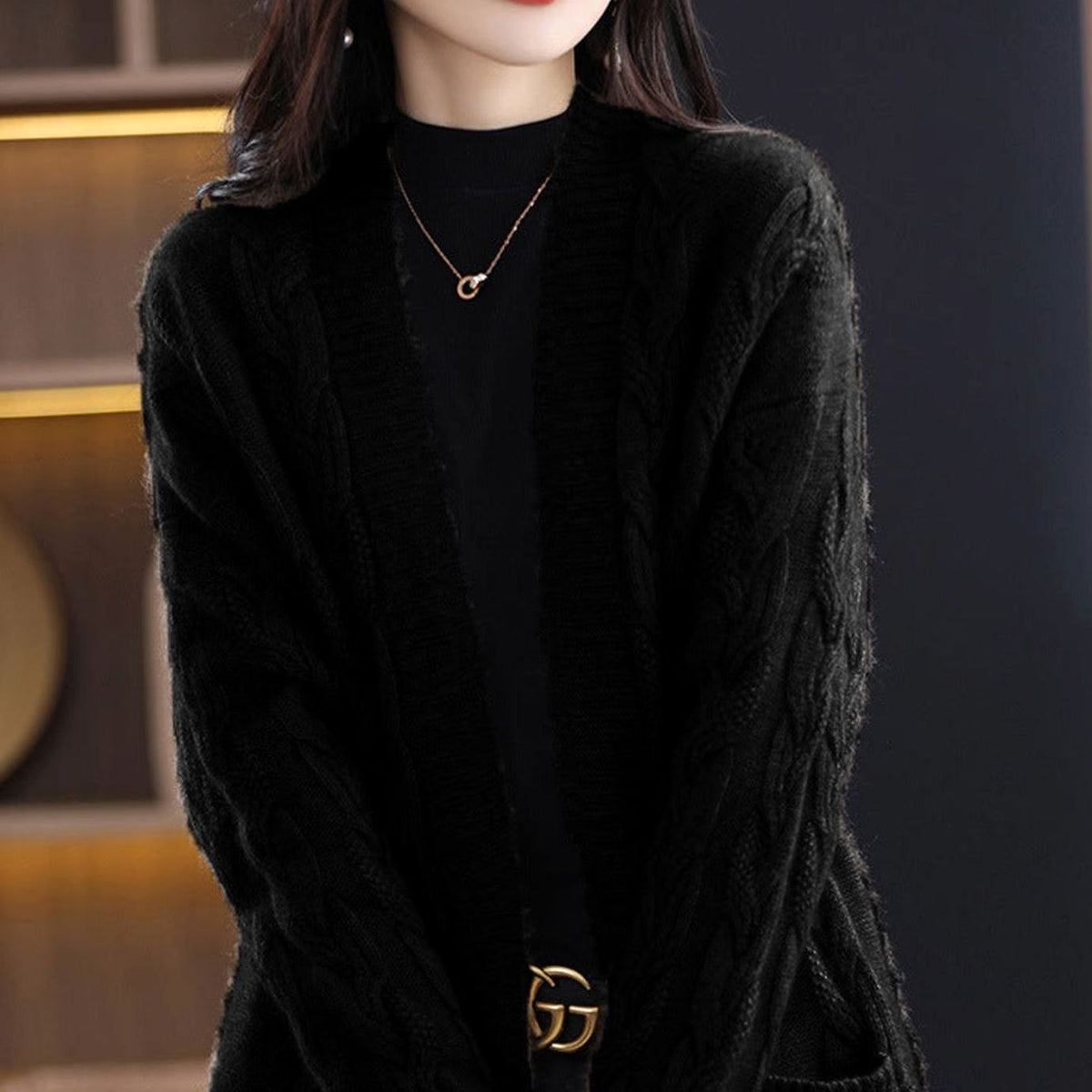 Women's Oversized Striped Long Open-Front Knit Cardigan
