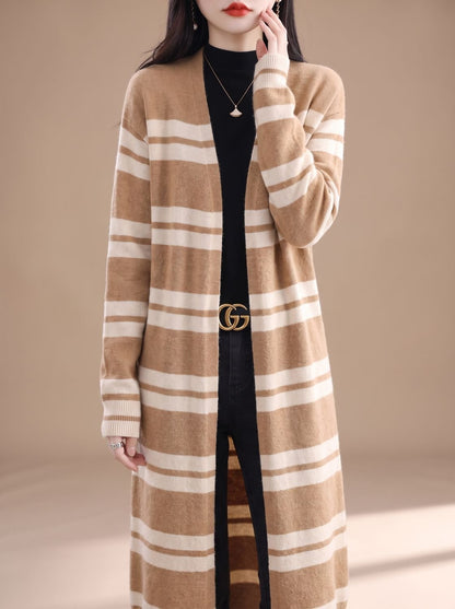 Women's Oversized Striped Long Open-Front Knit Cardigan