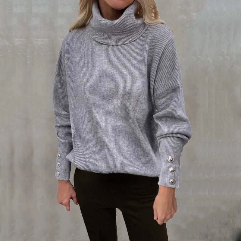 Women's Oversized Turtleneck Sweater with Button-Cuff Long Sleeves