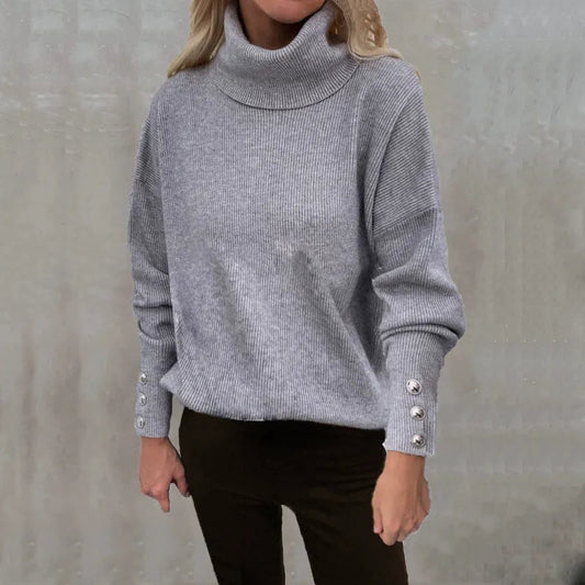 Women's Oversized Turtleneck Sweater with Button-Cuff Long Sleeves