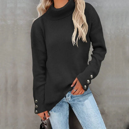 Women's Oversized Turtleneck Sweater with Button-Cuff Long Sleeves