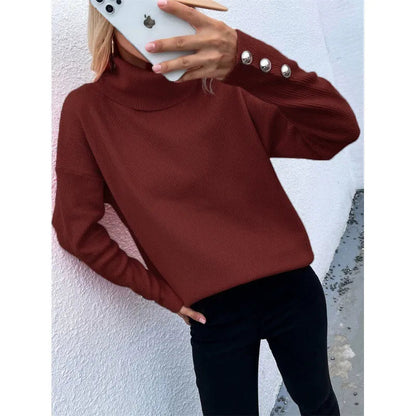 Women's Oversized Turtleneck Sweater with Button-Cuff Long Sleeves