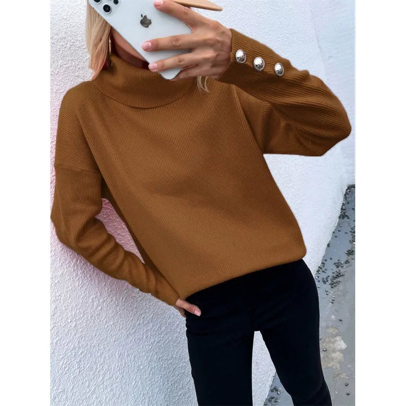 Women's Oversized Turtleneck Sweater with Button-Cuff Long Sleeves