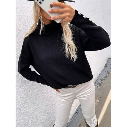 Women's Oversized Turtleneck Sweater with Button-Cuff Long Sleeves