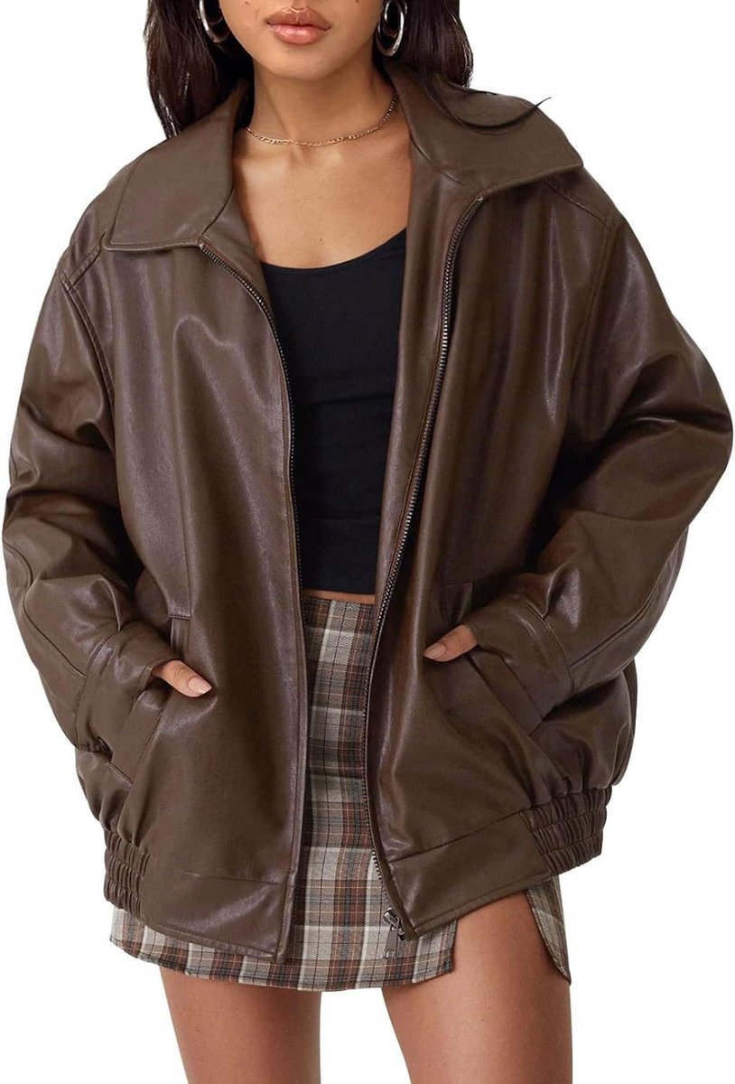 Women's Oversized Zip-Up Faux Leather Bomber Jacket