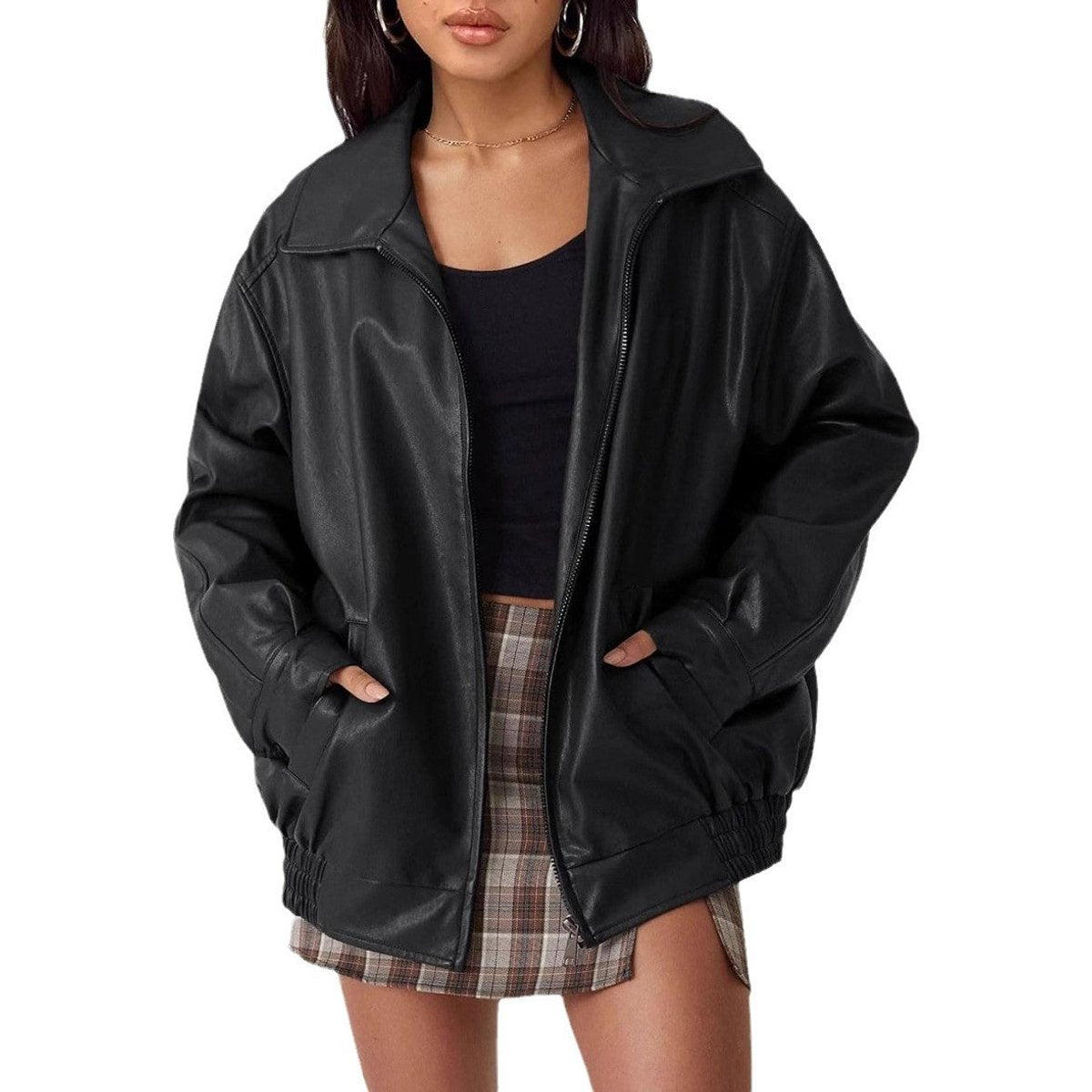 Women's Oversized Zip-Up Faux Leather Bomber Jacket