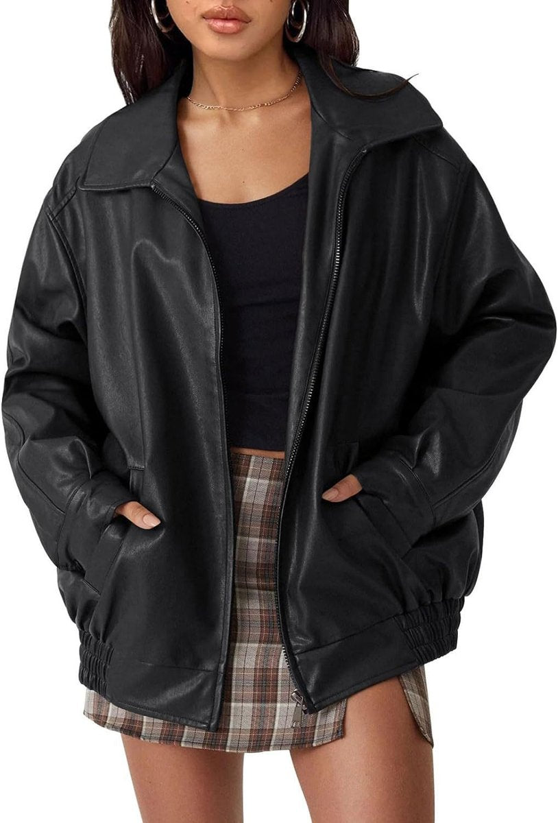 Women's Oversized Zip-Up Faux Leather Bomber Jacket