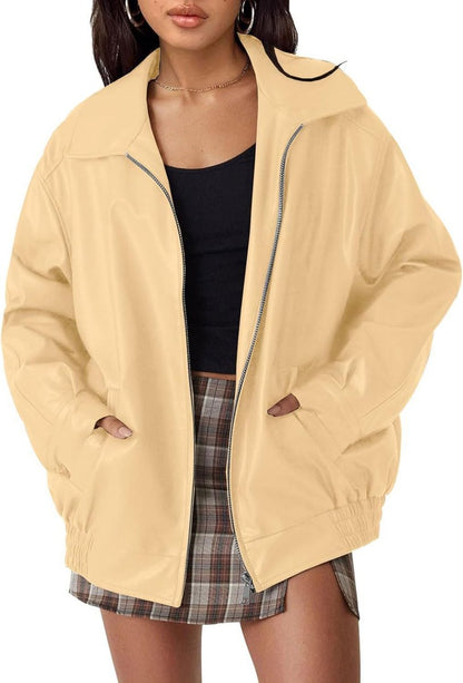 Women's Oversized Zip-Up Faux Leather Bomber Jacket