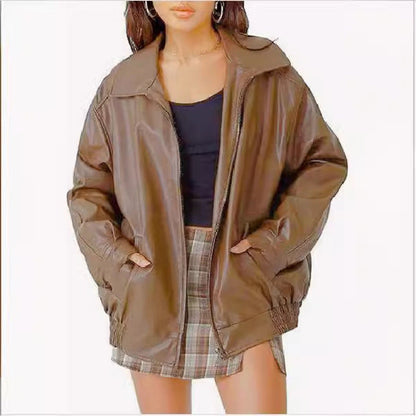 Women's Oversized Zip-Up Faux Leather Bomber Jacket