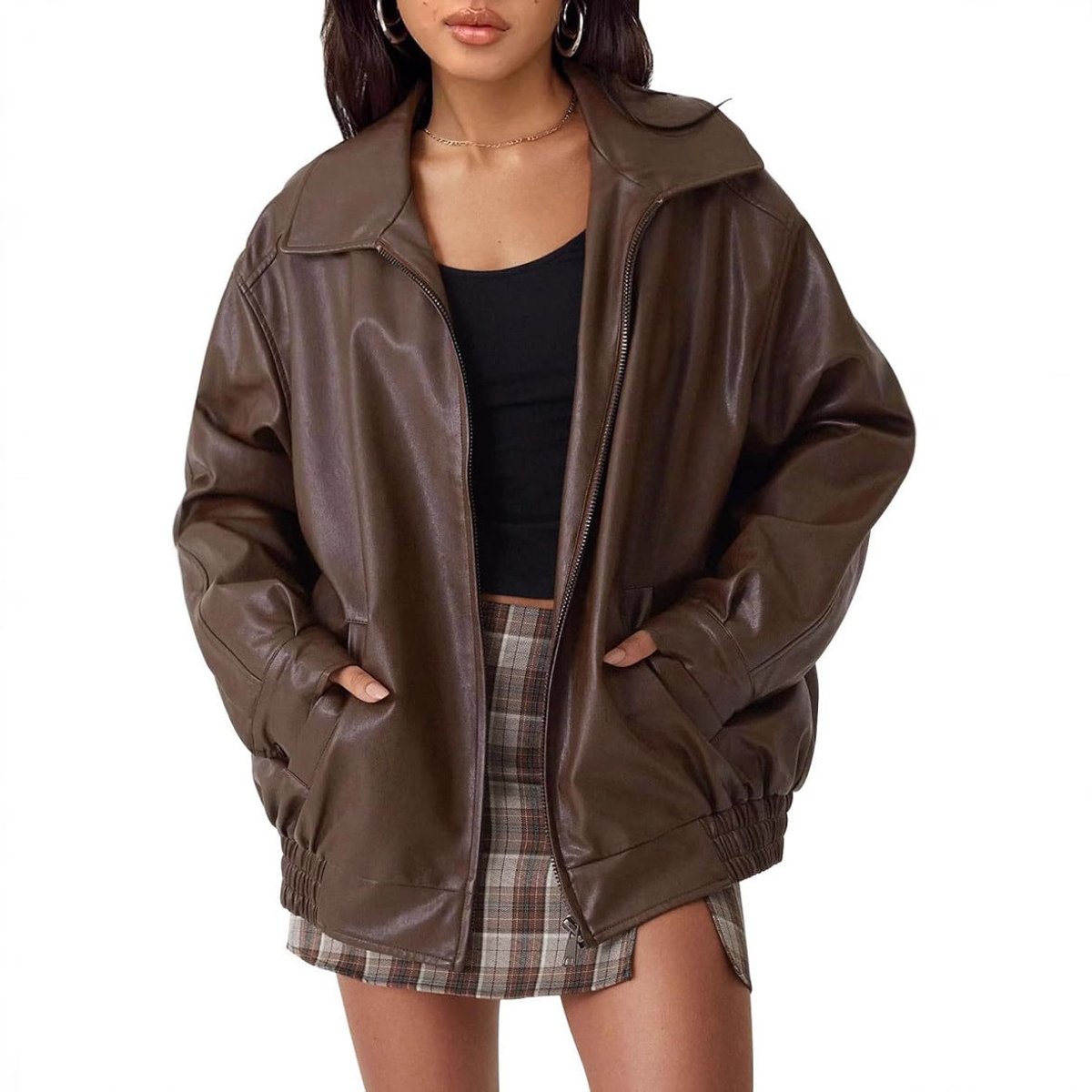 Women's Oversized Zip-Up Faux Leather Bomber Jacket