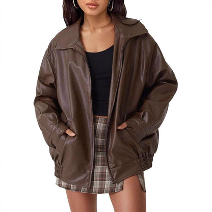Women's Oversized Zip-Up Faux Leather Bomber Jacket