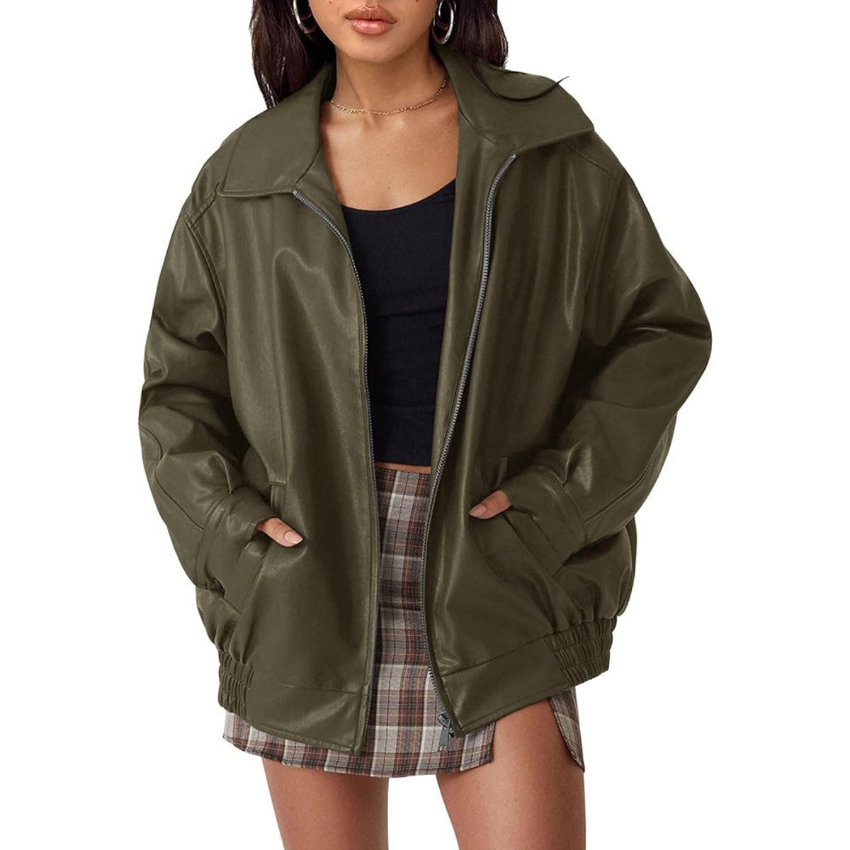 Women's Oversized Zip-Up Faux Leather Bomber Jacket