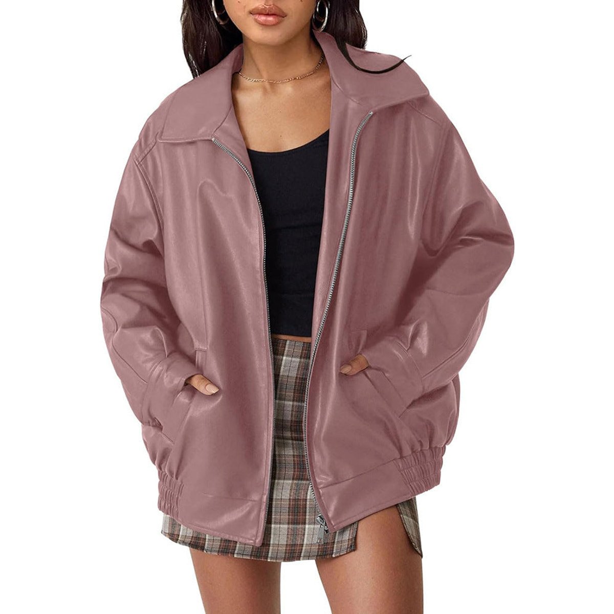 Women's Oversized Zip-Up Faux Leather Bomber Jacket