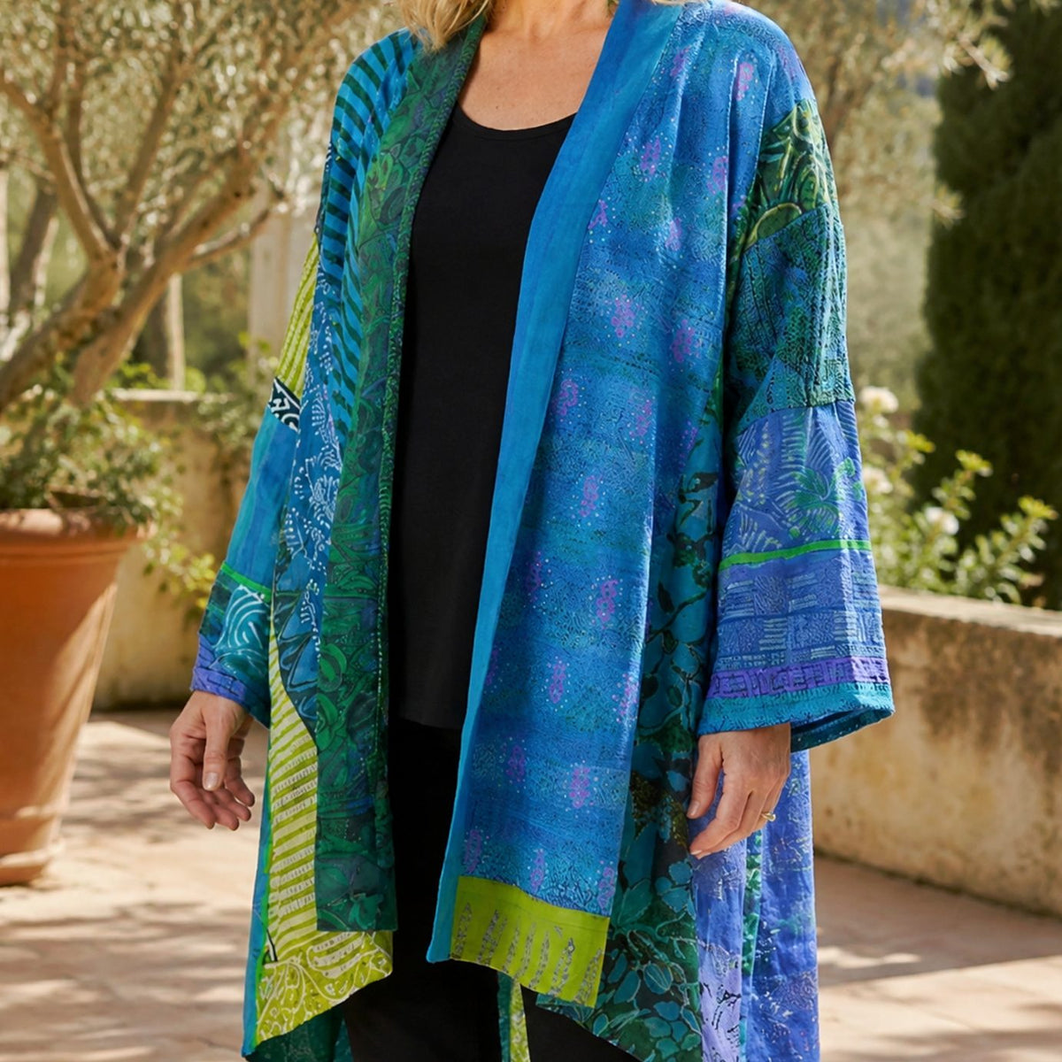 Women's Patchwork Open-Front Longline Cardigan with Wide Sleeves
