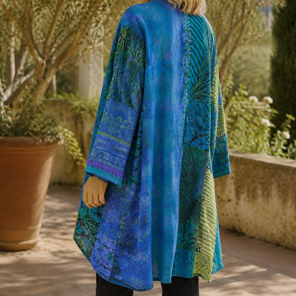 Women's Patchwork Open-Front Longline Cardigan with Wide Sleeves