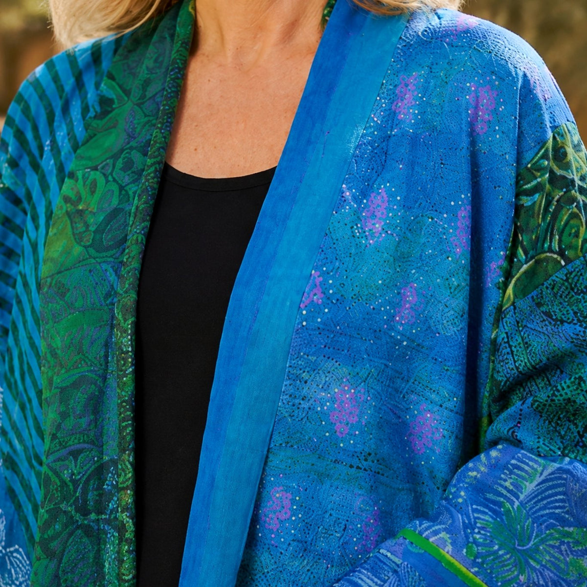 Women's Patchwork Open-Front Longline Cardigan with Wide Sleeves