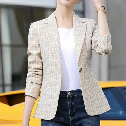 Women's Plaid Single-Button Tailored Blazer Jacket